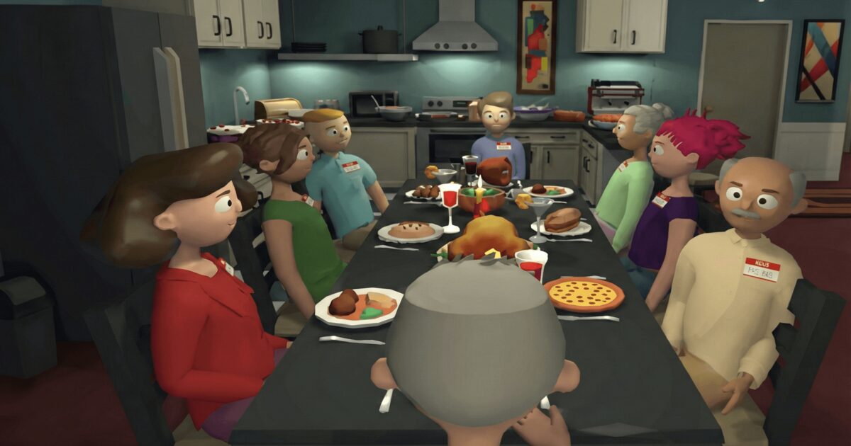 Pickford scene of animated cartoon characters seated around a long holiday dinner table in a kitchen